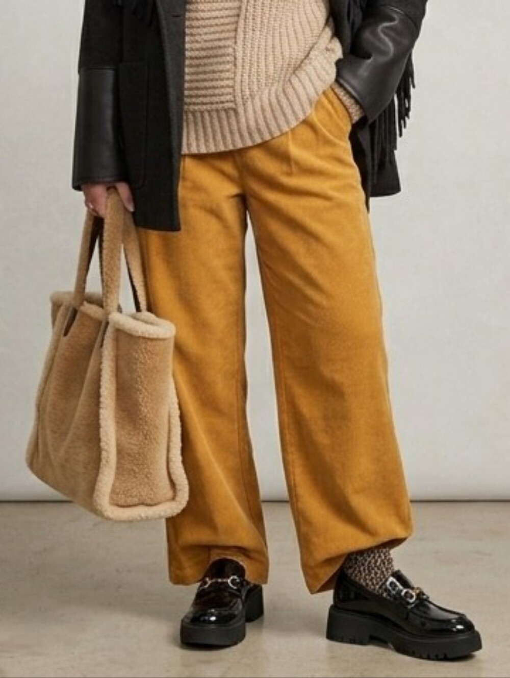 Wide-Leg Corduroy Trousers in Mustard - Women's Relaxed Trousers